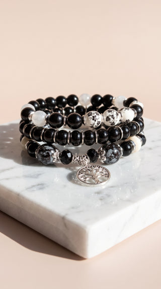 Silver Tree Of Life Beaded Bracelet Stacking Set