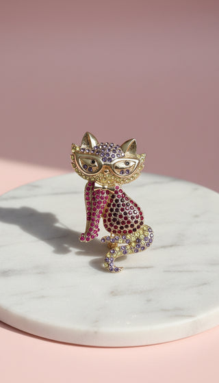 Cat With Glasses Crystal Brooch