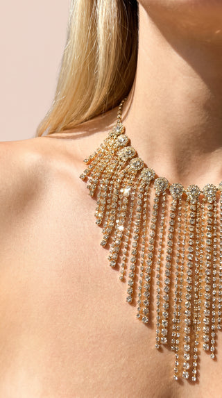 Statement Layered Crystal Tassel Necklace & Earrings Set