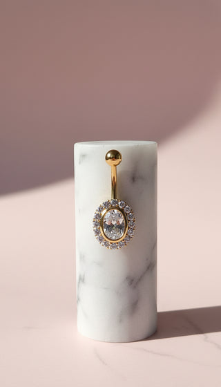 Oval Gold Plated Stainless Steel Crystal Belly Bar