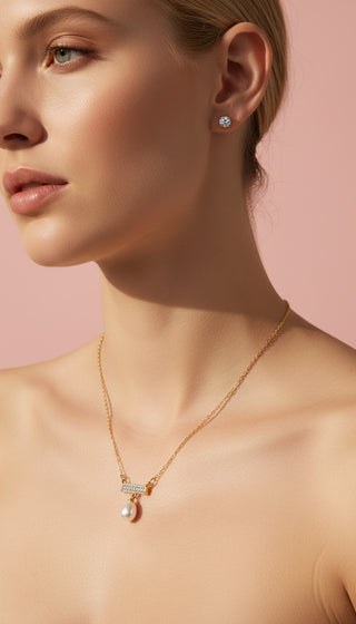 Crystal Bar & Pearl Drop Pendant Necklace & Earring Set