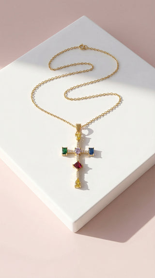 Rainbow Gem Crystal Cross Stainless Steel Necklace