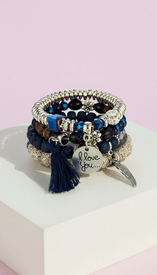 Wings & Tassel Ceramic Charm Beaded Bracelet Set