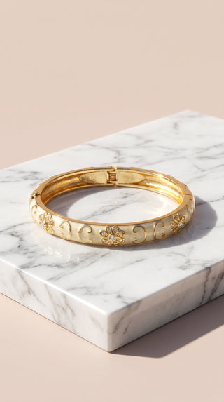 Gold Plated Steel Floral Enamel Crystal Bangle