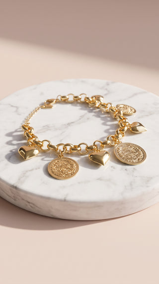 Gold Plated Sovereign & Heart Charm Bracelet