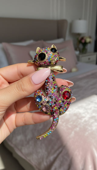 Crystal Cat With Bow Tie Brooch Pin