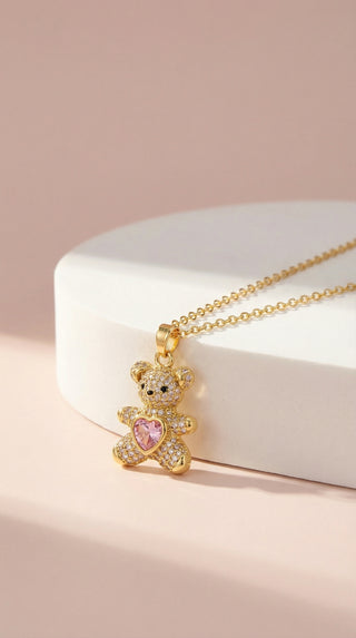 Teddy Bear & Heart Crystal Pendant Necklace