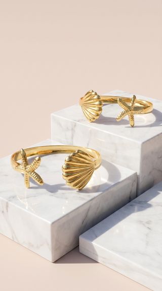 Starfish & Seashell Freesize Gold Cuff Bangle