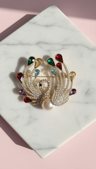 Peacock & Pearl Crystal Brooch Pin Rhinestone Statement Jewellery