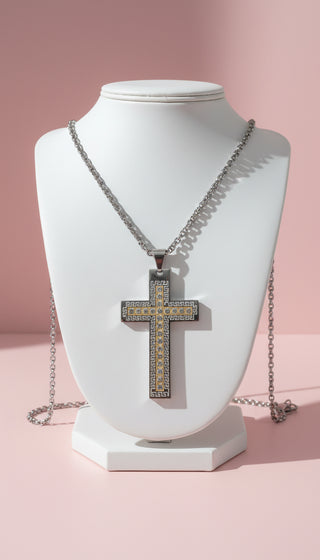 Stainless Steel Two Tone Gold Engraved Greek Key Cross Necklace
