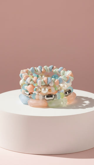 Silver Pearl Ceramic Beaded Bracelet Set