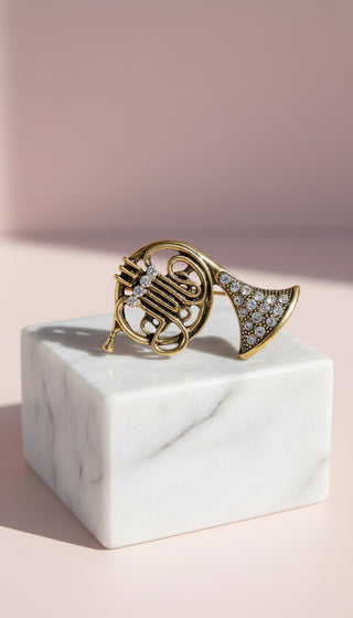 French Horn Crystal Brooch Pin
