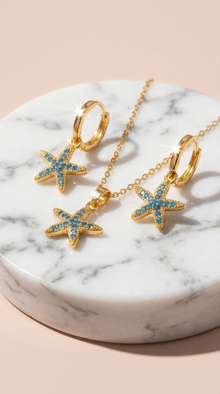 Blue Starfish Crystal Gold Plated Pendant Necklace & Earrings Set