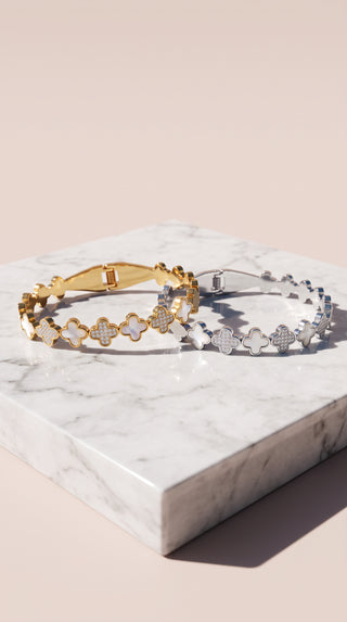 Clover Stainless Steel Gold Plated Crystal Bangle