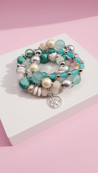 Mini Tree Of Life Double Charm Ceramic Beaded Bracelet Set