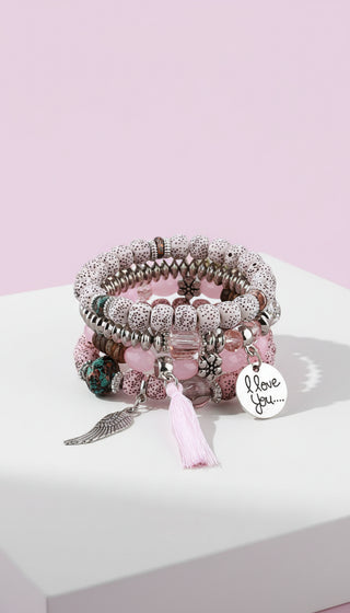 Wings & Tassel Ceramic Charm Beaded Bracelet Set