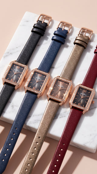 Crystal Rectangle Dial Faux Leather Strap Watch