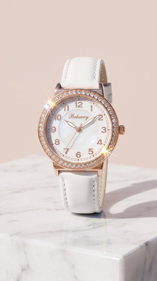 Crystal Bezel Leather Strap Watch