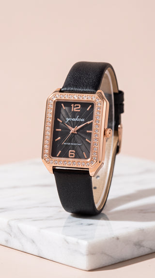 Crystal Rectangle Dial Faux Leather Strap Watch