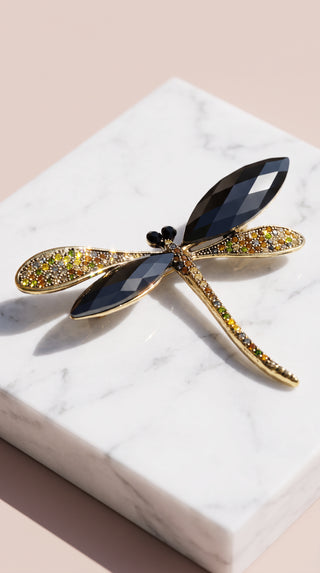 Gold Dragonfly Crystal Brooch Pin