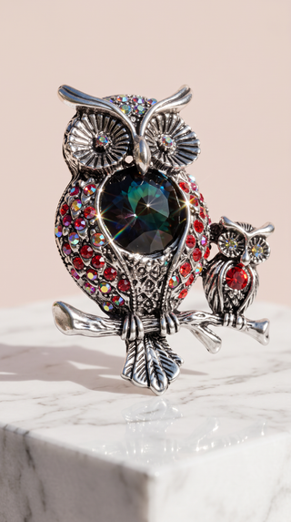 Mama & Baby Owl Crystal Brooch Pin