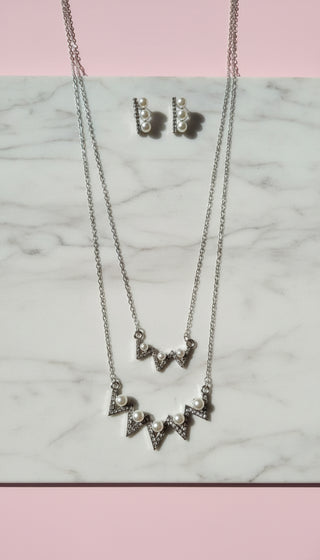 Layered Pearl Zig Zag Pendant Necklace & Earring Set