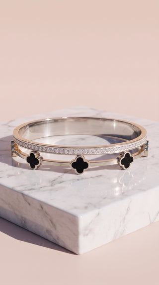Clover Stainless Steel Gold Plated Crystal Bangle