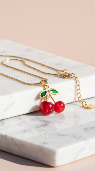 Red Cherry Crystal Gold Plated Steel Pendant Necklace