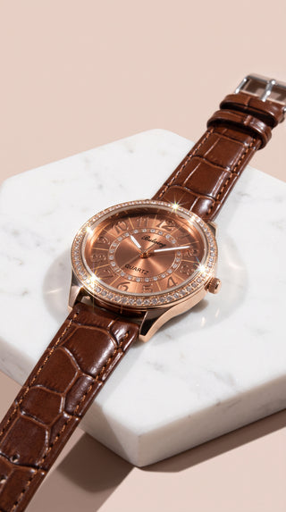 Crystal Bezel Croc Pattern Strap Watch
