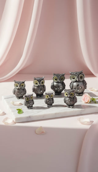 Silver Owl Family Set Of 7 Figurines