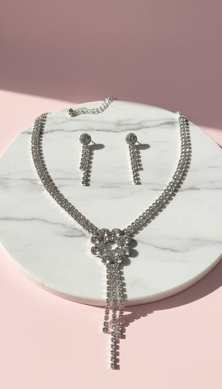 Flower Cluster Statement Crystal Necklace & Earrings Set