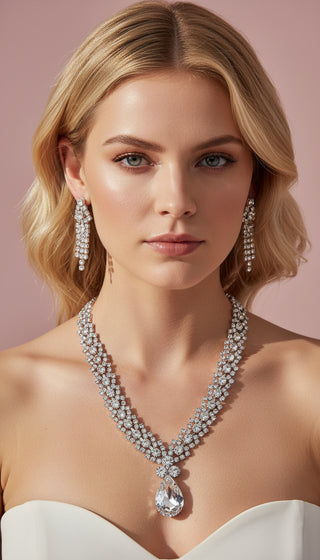 Teardrop Statement Crystal Necklace & Earrings Set