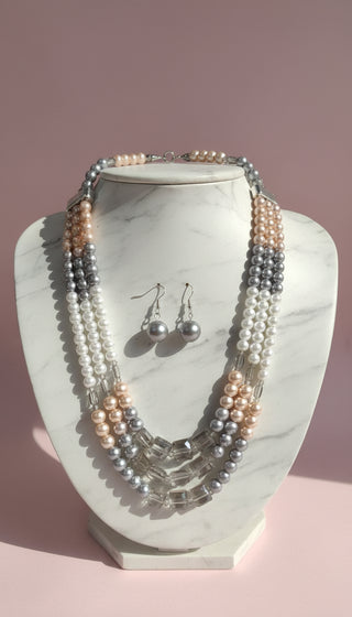 Square Crystal & Pearl Multi Layer Necklace & Earrings Set