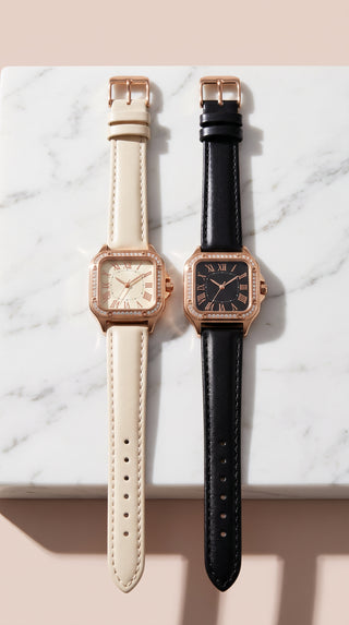 Crystal Square Dial Faux Leather Strap Watch
