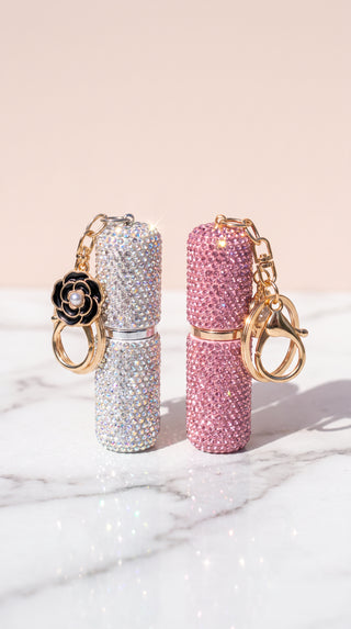 Crystal Rhinestone Lipstick Keyring Holder – Portable Refillable Travel Bottle