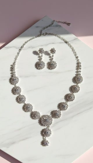 Round Crystal Cluster Drop Statement Necklace & Earrings Set