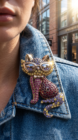 Cool Cat Crystal Brooch Pin