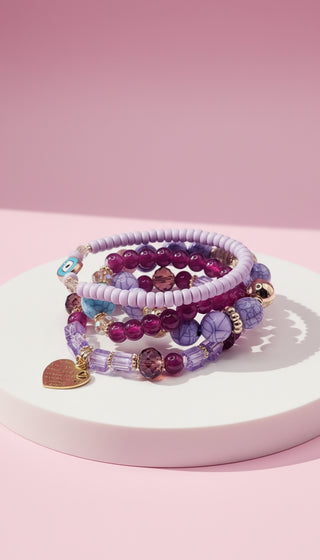 Evil Eye & Heart Charm Ceramic Beaded Bracelet Set