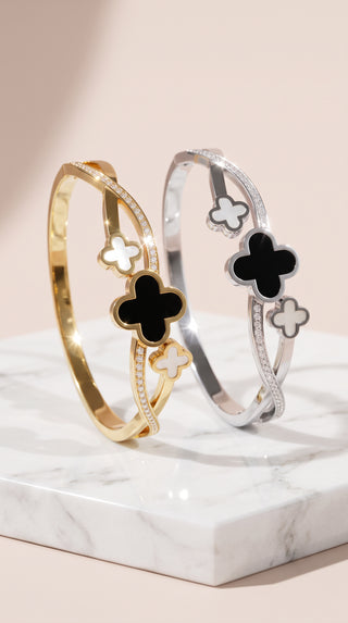 Clover Stainless Steel Gold Plated Crystal Bangle