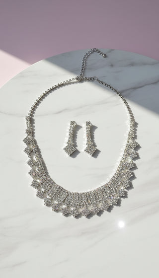 Square Cut Fringed Crystal Statement Necklace & Earrings Set