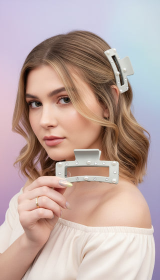 Pearl & Rhinestone Matte Square Hair Clamps Pack of 12