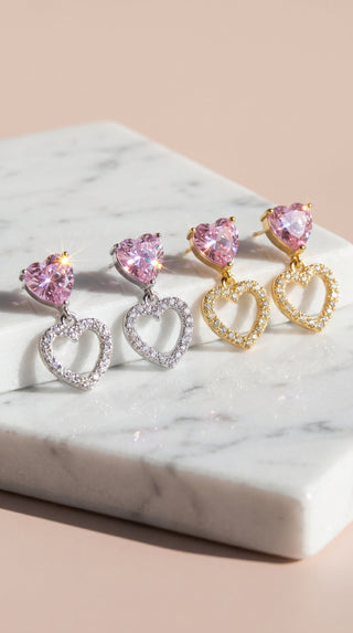 Pink Crystal Heart Gold Plated Drop & Dangle Earrings