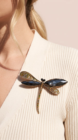 Gold Dragonfly Crystal Brooch Pin