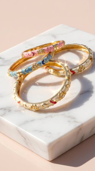 Gold Plated Steel Floral Enamel Crystal Bangle