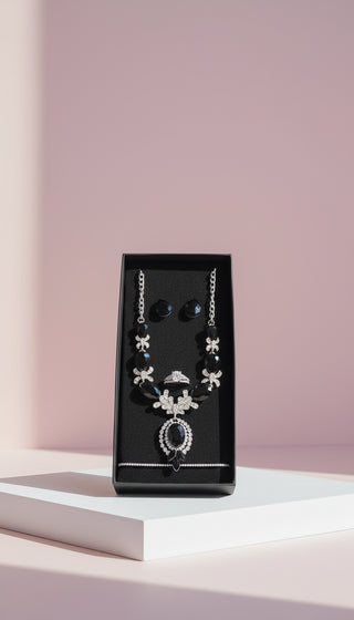 Black Crystal Necklace, Bracelet, Earrings & Ring Set With Gift Box