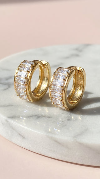 Baguette Cut Crystal Huggie Hoop Gold Plated Earrings