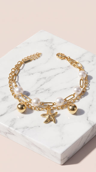 Gold Plated Pearl & Starfish Charm Bracelet