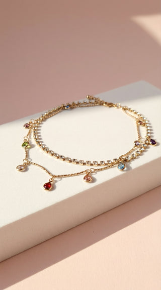 Layered Rainbow Crystal Charm Tennis Anklet