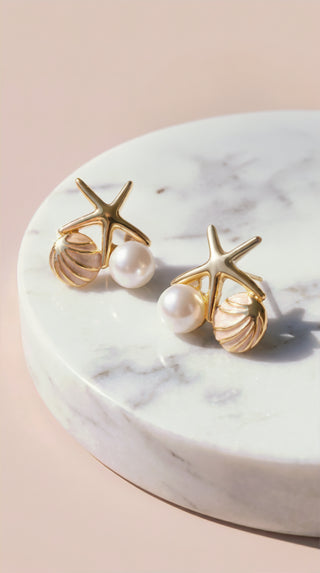 Starfish & Seashell Gold Plated Pearl Stud Earrings