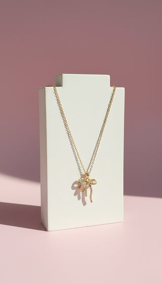 Bow Crystal Stainless Steel Gold Plated Pendant Necklace